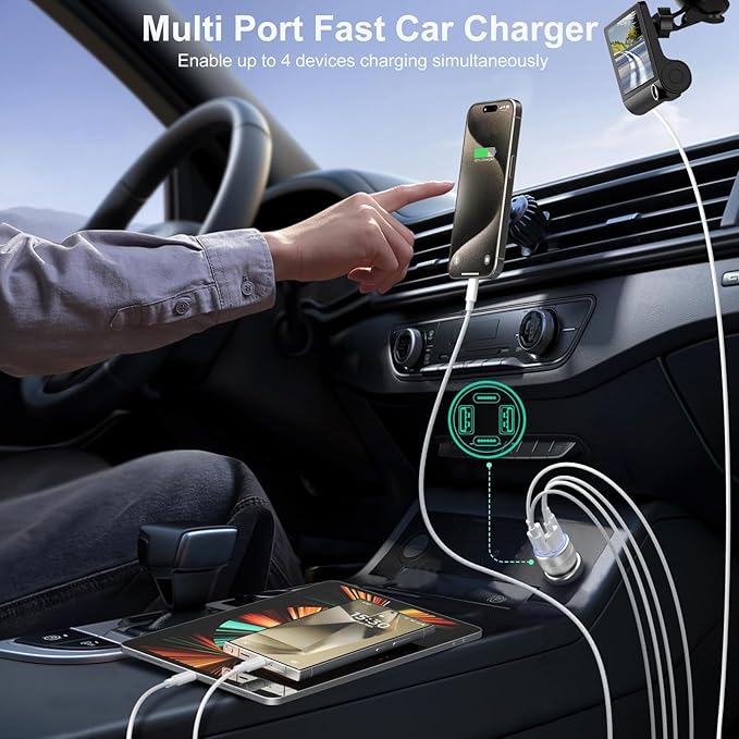 USB C Car Charger, Bangfun 65W 4 Port Dual 12V USB C & USB A Car Cigarette Lighter Adapter QC/PD 30W Fast Charge Car Phone Charger for iPhone 16 15 14 13 12 iPad Pro,Samsung,Pixel(Silver)