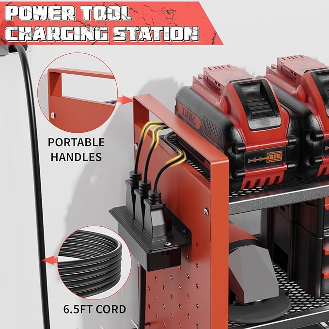 Power Tool Organizer with Charging Station Wall Mount, 3 Layer Expanded Heavy Duty Garage Organization, 48.8 Inch Length Garage Tool Storage, 4 Drill Slot, 16" Standard Hole, Red
