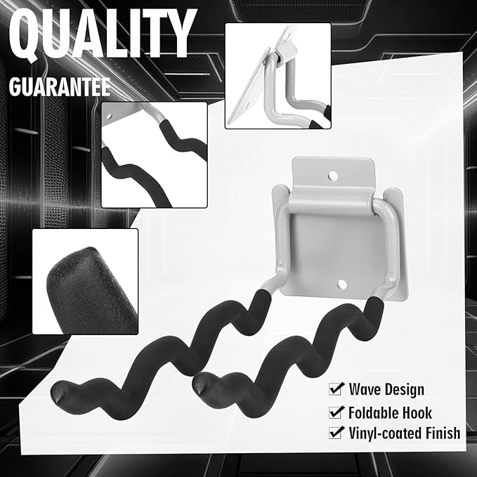 4 Pack Heavy Duty Garage Hooks Ladder Hangers for Garage Wall Flip up Wave Hooks for Shovels Chairs Durable 12" Foldable Tools Holder for Yard Garden Tool Organization