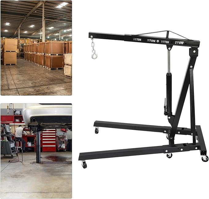 2 Ton(4409lbs) Folding Engine Hoist Heavy Duty Carbon Steel Hydraulic Shop Engine Crane Cherry Picker Shop Crane Hoist Lift with 6 Iron Caster Wheels for Car Fixing Workshop Garage (Black)