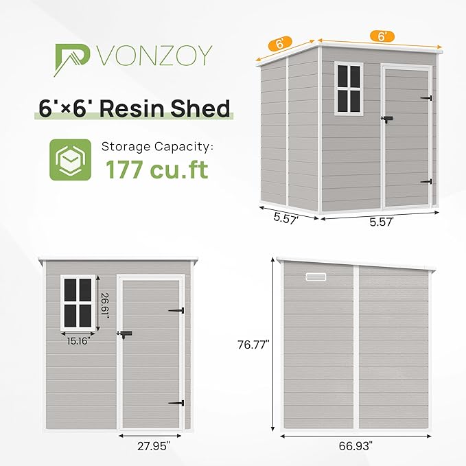 Resin Outdoor Storage Shed with Floor, 6x6 FT Plastic Garden Shed, Lockable Door & Window, Waterproof Tool Shed for Bike, Garbage Can, Lawn Mower, Patio Furniture Bedge