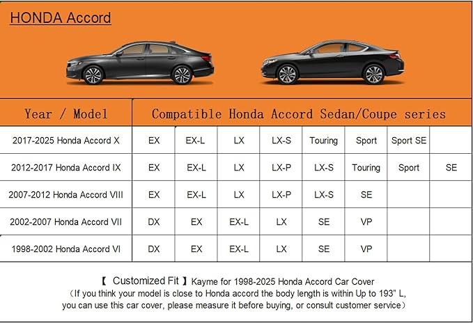 Kayme 6 Layers Car Cover Custom Fit for Honda Accord Sedan/Coupe (2001-2025) Waterproof All Weather for Automobiles, Outdoor Full Cover Rain Sun UV Protection with Zipper Cotton/Silver