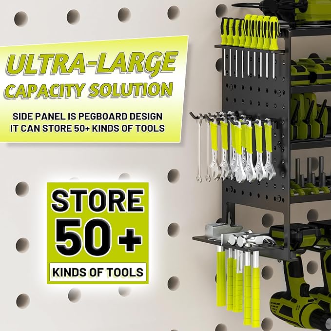 5 Layers Power Tool Organizer Wall Mount, Metal Cordless Tool Storage Rack Holder with 8 Drill Holders, Heavy Duty Garage Wall Tool Shelf for Workshop Tool Room Men Husband Father Gift Black