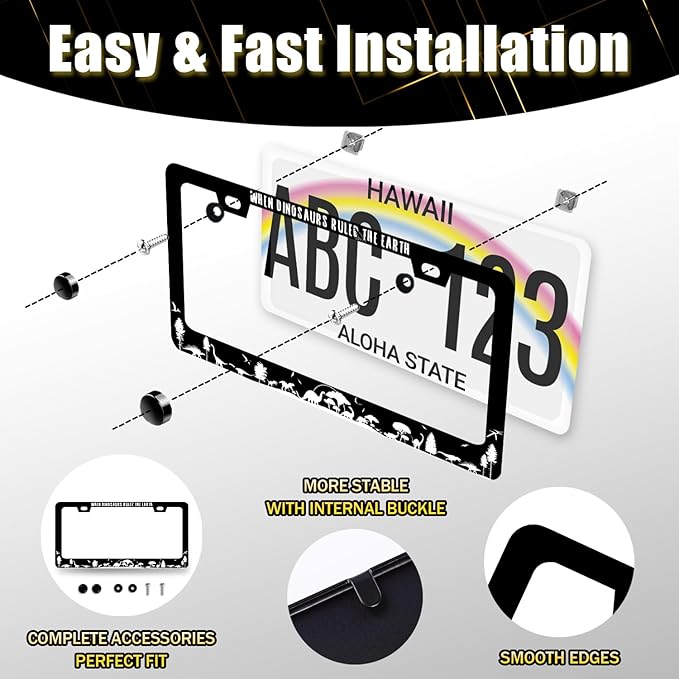 When Dinosaurs Ruled The Earth License Plate Frame Funny License Plate Stainless Steel Black Accessories Cars Decor 12.2 X 6.2 Inch with 2 Holes and Screws Fits Standard Us Ca Vehicles