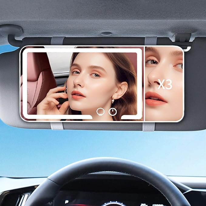Car Sun Visor Vanity Mirror, Dimmable Touch Screen Makeup Mirrors with 3 Light Modes & 3x Magnifying for Women Detailed Makeup Universal Clip-on Rear View Sun-Shading Cosmetic Mirror (White)