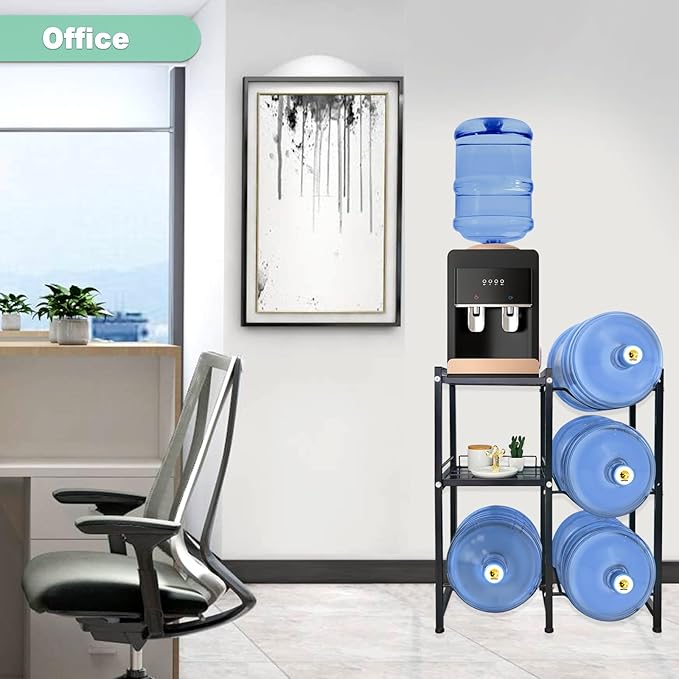 5 Gallon Water Jug Holder with 2 Storage Shelves, 3 Tier Water Bottle Holder Heavy Duty Jug Stand for Home Office Kitchen Organizer