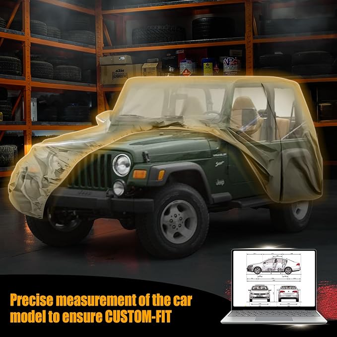 Waterproof Car Covers Replace for 1987-2006 Jeep Wrangler, Multilayer Heavy Duty with Cotton Liner All Weather Custom-fit Car Cover with Zipper Door, Windproof Bands for Snow Rain Dust Protection