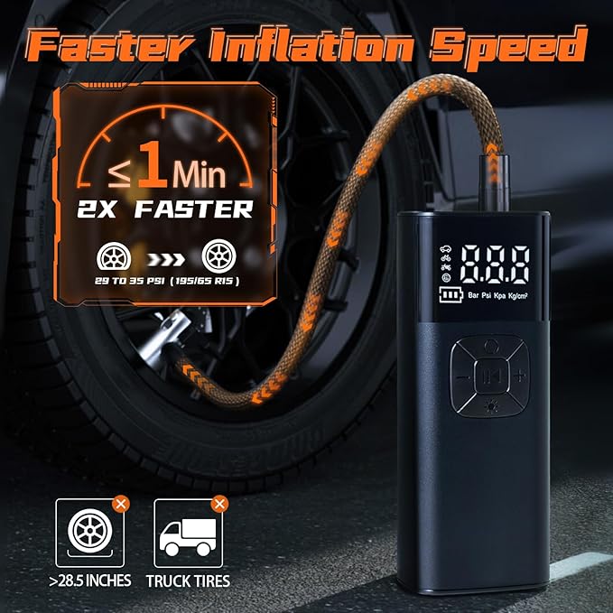 Tire Inflator Portable Air Compressor - Portable Air Pump for Car Tires 10000mAh 150PSI & 12V DC Cordless 4X Faster Inflation for Car, Motorcycle, Bike, Ball, with Digital Gauge, Dual-Use Type