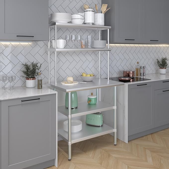 AmGood Stainless Steel Work Table with 2 Shelves | 24" x 36" Table with 2 Shelves + 12" Overshelf