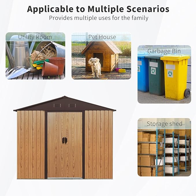 4x8 FT Outdoor Storage Shed, Metal Garden Shed with Frame Floor, Outside Tool Shed with Window, Waterproof Storage Building with Lockable Sliding Doors & Sloped Roof for Backyard, Patio, Coffee