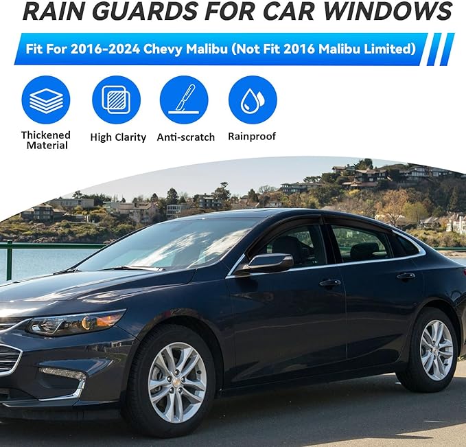 4pcs Front+Rear Smoke Tint Sun/Rain Guard Outside Mount Tape-On Vent Window Visors Compatible with 2016-2024 Chevy Malibu