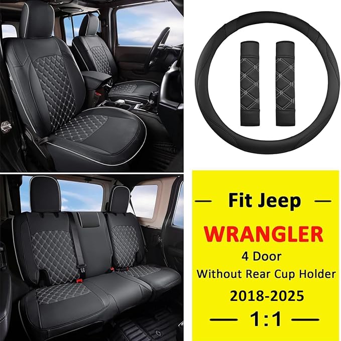 GIANT PANDA Customized Full Set Car Seat Covers for Jeep Wrangler 4 Door JL Sahara Sport Rubicon Willys 2018 2019 2020 2021 2022 2023 2024 2025 Without Rear Cup Holder,Faux Leather - (Black+Gray)