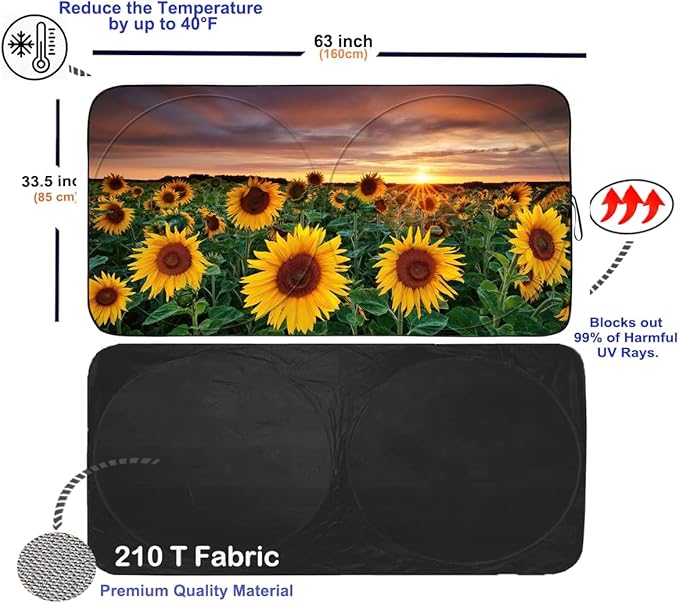 Gven Sun Shade for Car Windshield, Foldable Sunflower Vehicle Sun Visor for Car Windshield Sun Shade Heat Reduction Blocks UV Rays Fits Small Sedans, Mini SUVs, Hatchbacks (Sunflower, L)