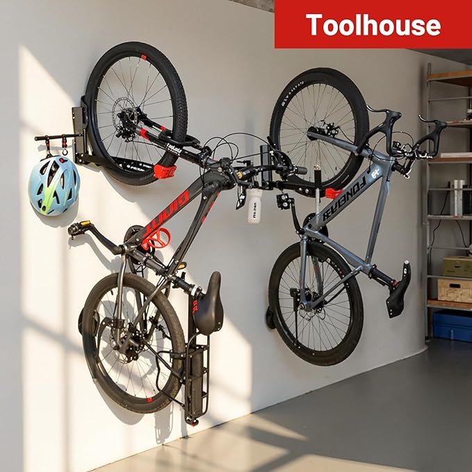 Bike Wall Mount Rack Adjustable & Foldable Garage Bike Rack with Swivel Design & 2 Storage Hooks, Fits 20"-29" Bikes, Holds Up to 77 lbs, Easy Install & Space-Saving Bike Storage 1 Pack