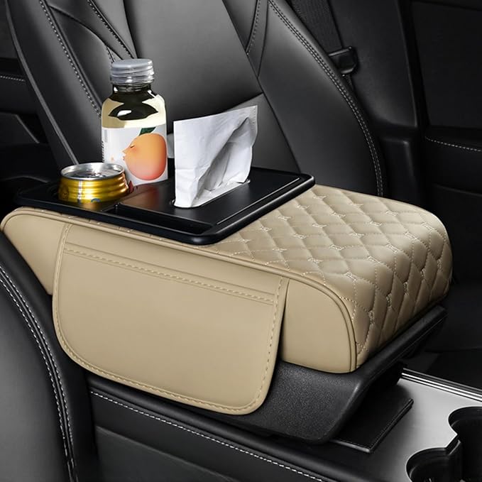 Center Console Cover Organizer, 5-In-1 Arm Rest Cover for Car with Cup Holder & Storage Pocket & Tissue Holder, Armrest Cover Cushion Pad, Grid, Beige