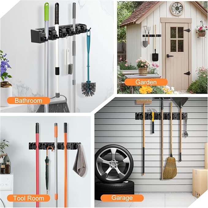 nacena Broom Holder Wall Mount, 2 Packs Black Wall Hanging Garden Tool & Utility Closet Organizer Mop & Broom Hook Wall Mounted Heavy Duty Broom and Mop Organizer Wall Hanging for Bathroom, garage