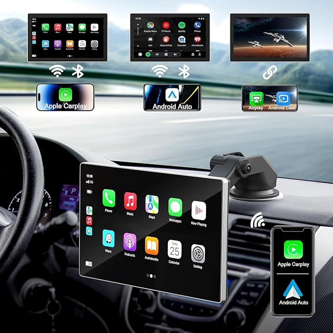 Portable Carplay Screen for Car, 9" Wireless Carplay Touchscreen with 4K Dash Cam, Android Auto Car Stereo, Car Audio Receivers with 1080p Backup Camera, GPS, Bluetooth, FM, Siri