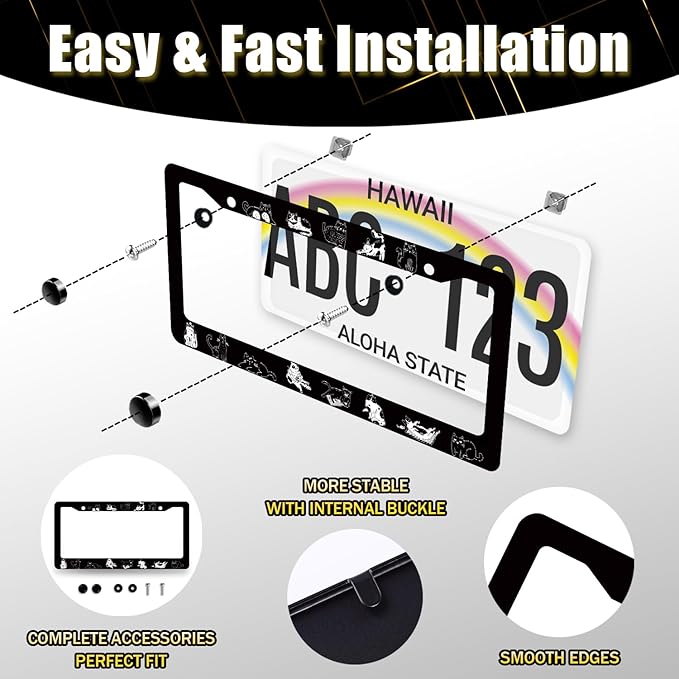 Cats License Plate Frame Cute Animal Cat License Plate Holder Stainless Steel Funny Design Compatible with Standard License Plate for USA Canada 12.3" x 6.3" with 2 Screws