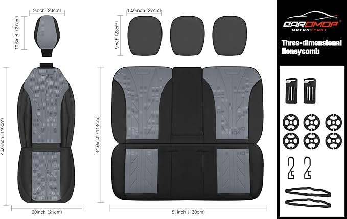 CAROMOP Luxury Faux Leather&Fabric Car Seat Covers 2 Front Seats with Breathable 3D Foam Back Support, Universal Seat Covers for Cars,Trucks,SUVs, Front Armrests Compatible(Black/Grey)