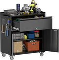 Metal Garage Storage Cabinet with Wheels and Pegboard, 35.4" H Lockable Tool Storage Cabinet with One Drawer, Adjustable Shelf and 4 Hooks for Garage, Warehouse, Black