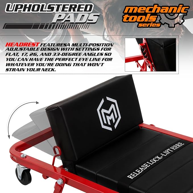 M-AUTO Heavy-Duty Convertible Mechanic Creeper, Z-Creeper 2-in-1 Creeper and Seat 48" Padded Adjustable Headrest Roller Garage Chair with 7 Swivel Casters for Washing, Detailing, Maintenance, Red