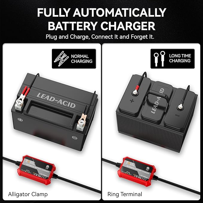 [4-Pack] FOVAL Fully Automatic Trickle Battery Charger, 1000mA 12V Smart Car Battery Charger, Battery Maintainer, Float Charger for Motorcycle Car Lawn Mower Boat ATV Cell Lead Acid Batteries