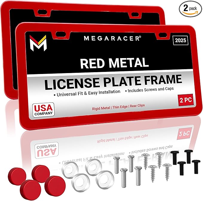 Premium Slim Red License Plate Frames – 2 Pack, Rust-Free Stainless Steel, Street Legal & Rattle-Free, Universal Fit with Screw Covers, Sleek Thin Metal Front & Rear Car Tag Holders for Men & Women