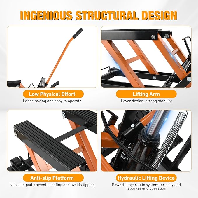 Nilight Motorcycle Lift Jack 1500 LBS Hydraulic Lifts ATV Scissor Jacks with Wheel Foot Pedal Handle Ratchet Belt Heavy Duty Lifter Stand Hoist Table for Dirt Bike Garage Storage Repair Tool,Orange