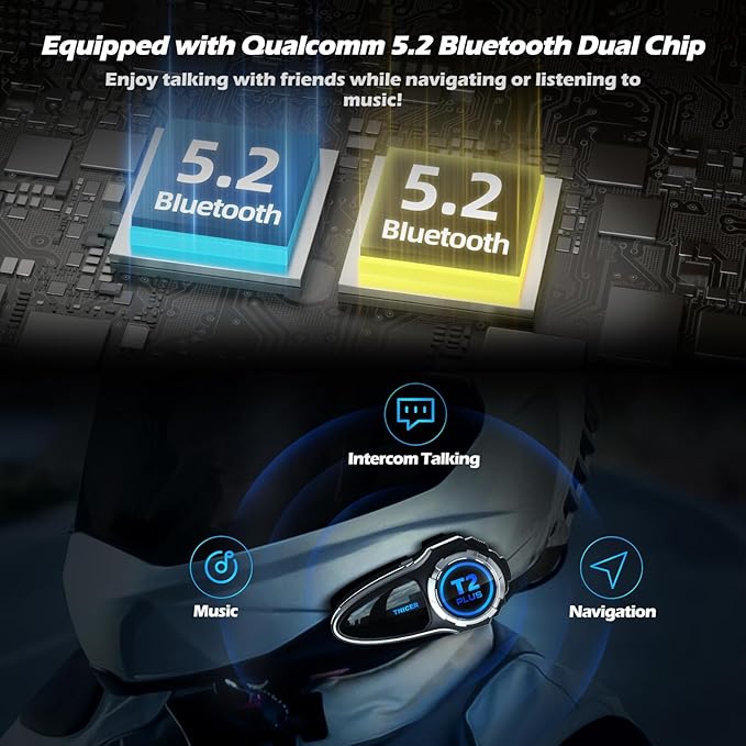 Motorcycle Bluetooth Headset T2Plus Dual Chip MESH Intercom 10-Way Motorcycle Helmet Bluetooth Helmet Intercom Communication Systems with Double Coil Subwoofer Speakers (Black/Silver)