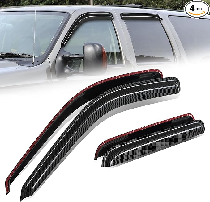 Auto Dynasty 4Pcs Carbon Fiber Pattern Window Visors Compatible with 2000-2005 Ford Excursion, Tape-On Front & Rear Window Deflectors Rain Guards Sun Wind Air Side Vent Shade, Glossy Black