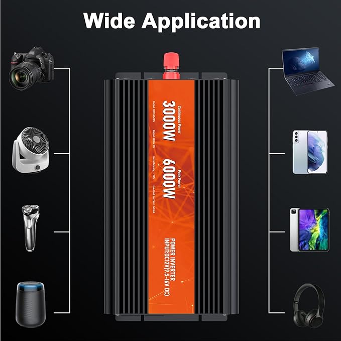 3000W Power Inverter,Peak Power 6000W 12V DC to AC 110V120V,Remote Control with 2AC Outlets and 2.4USB Port,LCD Display for Power Converter,Outdoor Activities,Emergency,Vehicles Truck RV Solar System