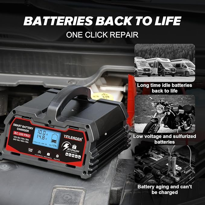 Battery Charger 30A, 12V/24V Lead Acid Smart Battery Charger, 12V LiFePO4 Car Battery Trickle Charger, Automatic Battery Maintainer for Car Motorcycle Lawn Mower Marine Boat Lead Acid Batteries