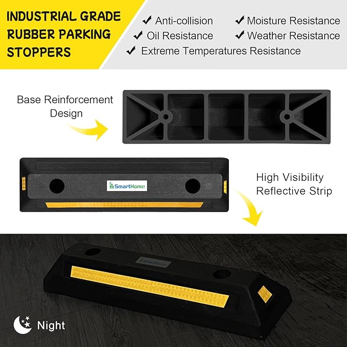 Car Parking Stopper – 2PCs Heavy Duty Rubber Curb Car Stop for Garage and Driveway, Parking Aid, 18” Tire Wheel Stop for Cars, Vans, Trucks – Prevents Hitting Wall or Barrier – Easy Installation
