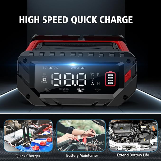 30-Amp Car Battery Charger, 6V/12V/24V Smart Automatic Automotive Charger, Battery Maintainer, Trickle Charger for Car, Motorcycle, Boat, Lead-Acid, Lithium, LiFePo4 Battery