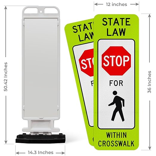 State Law Stop for Pedestrian Within Crosswalk MUTCD R1-6a Sign, Double Sided 3M Engineer Grade Reflective, Portable Rubber Base, Impact Resistant Plastic Frame