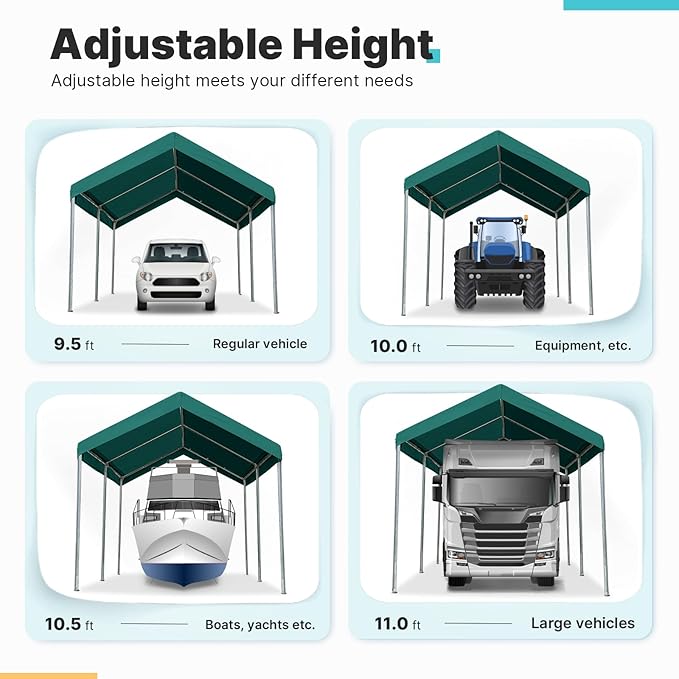 ADVANCE OUTDOOR Adjustable 10x15 ft Heavy Duty Carport Car Canopy Garage Boat Shelter Party Tent, Adjustable Height from 9.5 ft to 11 ft, Green