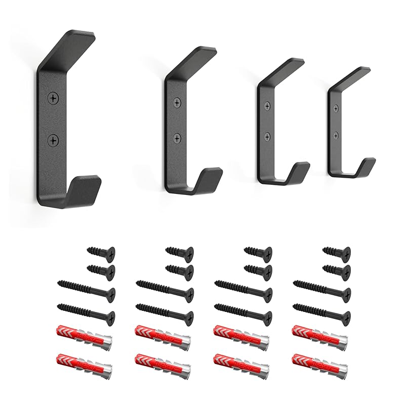 Wall Hooks Double Hook 4-Pack - Made in USA - 50 lb Capacity Stel Coat Hooks, Powder Coated Metal Wall Mount Hooks for Entryway, Garage, Bathroom.