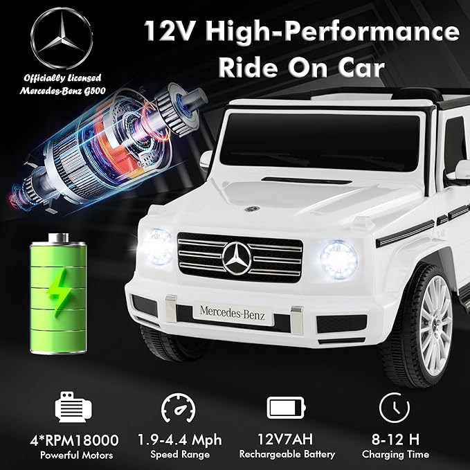 HONEY JOY Ride On Car, 12V Licensed Mercedes Benz G500, Battery Powered Ride On Truck, Lights, Music, Rocking Mode, Slow Start, Electric Cars for Kids Boys Girls (White)