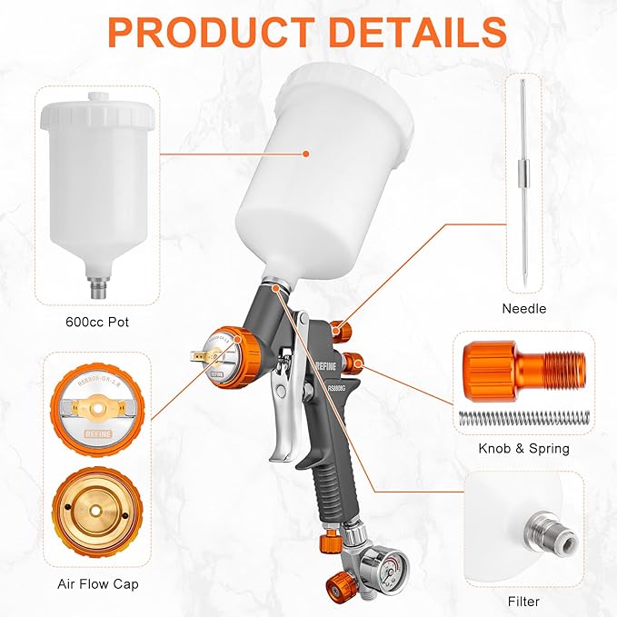 REFINE Air Spray Gun, Auto Paint Gun with 1.4/1.8/2.0mm Nozzle, Professional Automotive Spray Gun, Air Compressor Auto Body Paint Sprayer for Cars, House, Furniture Painting with Air Pressure Gauge