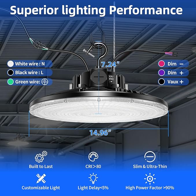 480V LED High Bay Light 300W 240W 200W Adjustable UFO Light 42000LM ETL DLC Listed Dimmable High Bay LED Shop Lights 5000K Daylight IP65 Waterproof Commercial Bay Lighting for Warehouse Factory