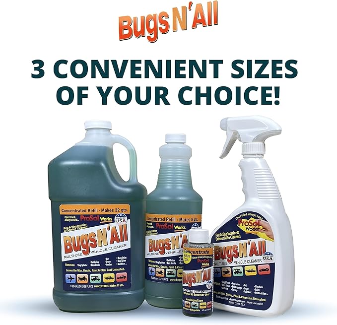 Bugs N’ All Multipurpose Car Cleaner & Degreaser - Bug & Tar Remover Concentrate 32 oz - Exterior Cleaner Safe for Car Paint, Metal, Chrome, Aluminum, Windows & Mirrors - w/Free 32 oz Spray Bottle