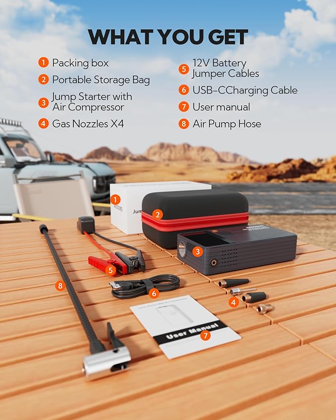 Car Battery Jump Starter with Air Compressor,44.4Wh Battery Jump Box with Tire Inflator,Car Jump Booster with Smart Jumper Cables,LED Light Emergency Car Kits for Vehicles,Arrancador Ae Batería