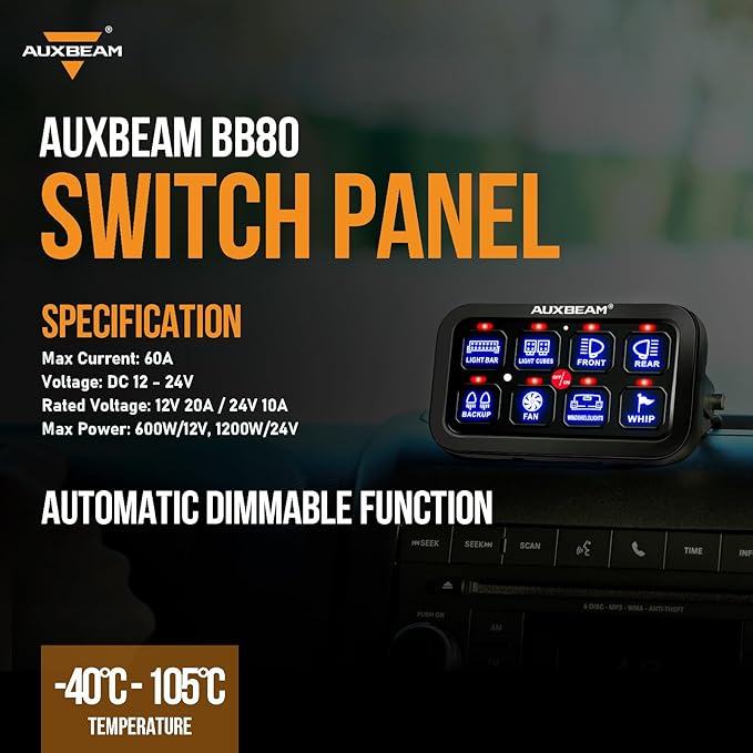 Auxbeam 8 Gang Switch Panel BB80 Universal Circuit Control Relay System Automatic Dimmable LED Switch Control Panel Switch Pod Touch Switch Box for Car Truck Offroad ATV SUV - Blue, 2 Years Warranty