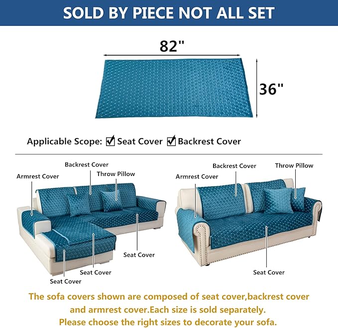 Eismodra Couch Cover,Sectional Couch Covers,Sofa Covers for 3 Cushion Couch,Anti-Slip Sofa Slipcovers for Dogs Cats Kids Loveseat Recliner L Shaped Armrest Backrest,Blue 36''x82''(Only 1 Piece)