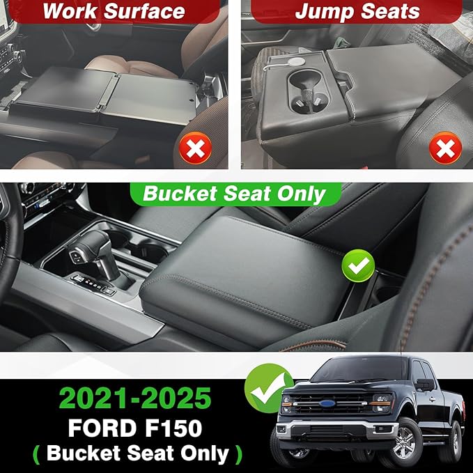 Muslogy Center Console Armrest Cover Compatible with Ford F150 2021-2024 2025 Comfort Armrest Pad Arm Rest Cushion Vegan Leather Protector Regular Thick(Bucket Seat ONLY)