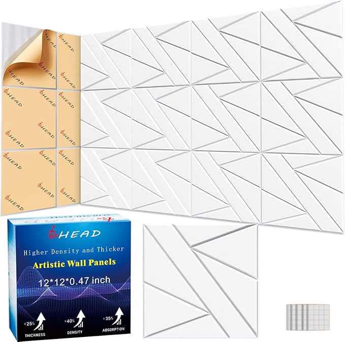 12 Pack Self-Adhesive Soundproof Wall Panels, 12 x 12 x 0.47 In Sound Proof Foam Panels for Walls, 1.2lb/ft³ High Density, Thicker 0.47in, Acoustic Panels, Noise Dampening Panels Studio White