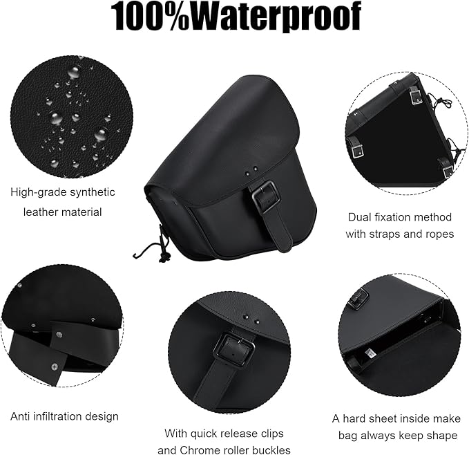 GARGOYLE BELLS Motorcycle Swing Arm Bag Solo Saddle Bags For Sportster Softail PVC Waterproof Motorcycle Luggage Bags for Motorcycle or Bike (Right Side, Black-Single Buckle)