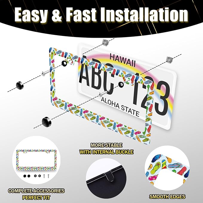 Flip Flops License Plate Frame Beach License Plate Holder Stainless Steel Colorful License Plate Car Accessory Funny License Plate Decoration Men Women Size 12.2" x 6.2" with Screws