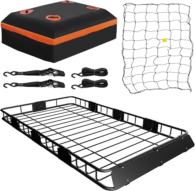 WEIZE Roof Rack Carrier Basket Universal Rooftop 64" x 39" x 5" Large Size Roof Rack + Waterproof Bag, Cargo Net with Attachment Hooks, Ratchet Straps for SUV, Truck