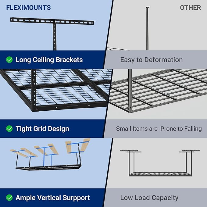 FLEXIMOUNTS 4x8 Overhead Garage Storage Rack, Adjustable Organization System, Heavy-Duty Metal Ceiling Racks, 600lbs Weight Capacity, Hammertone
